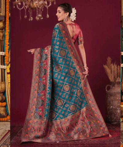 Viscose Kalamkari Saree Peacock Blue — view 1 | TARINÉ