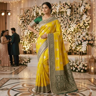 Katan Silk Woven Saree Lime Green — view 2 | TARINÉ