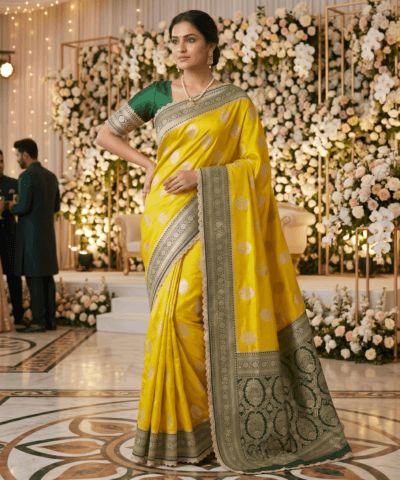 Katan Silk Woven Saree Lime Green — view 2 | TARINÉ