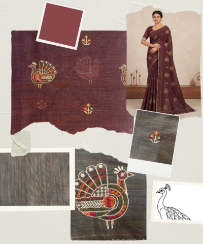Khadi Embroidered Saree Wine — view 6 | TARINÉ