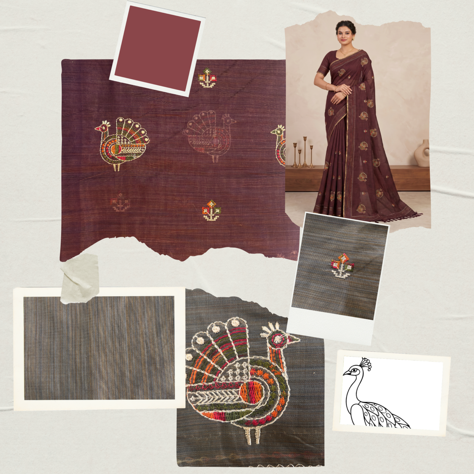Khadi Embroidered Saree Wine — view 6 | TARINÉ