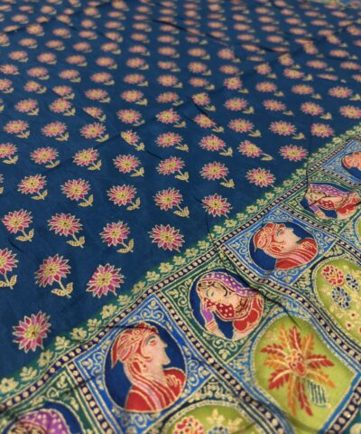 Viscose Banna-Banni Print Saree — Rama Green & Peacock Blue — drape view