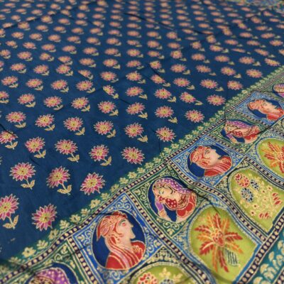 Viscose Banna-Banni Print Saree — Rama Green & Peacock Blue — drape view