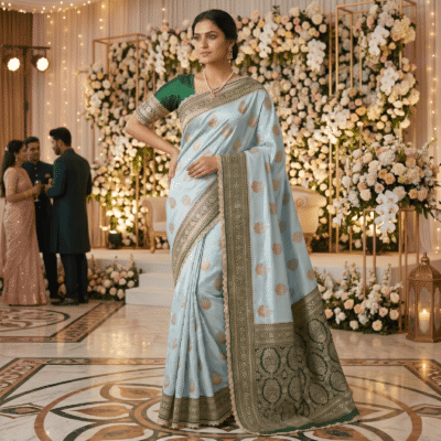 Katan Silk Woven Saree Ice Blue — view 2 | TARINÉ
