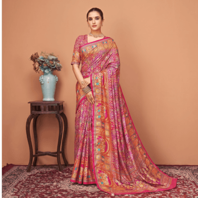 Viscose Banna-Banni Print Saree — Magenta & Purple — Shaadi — flat lay