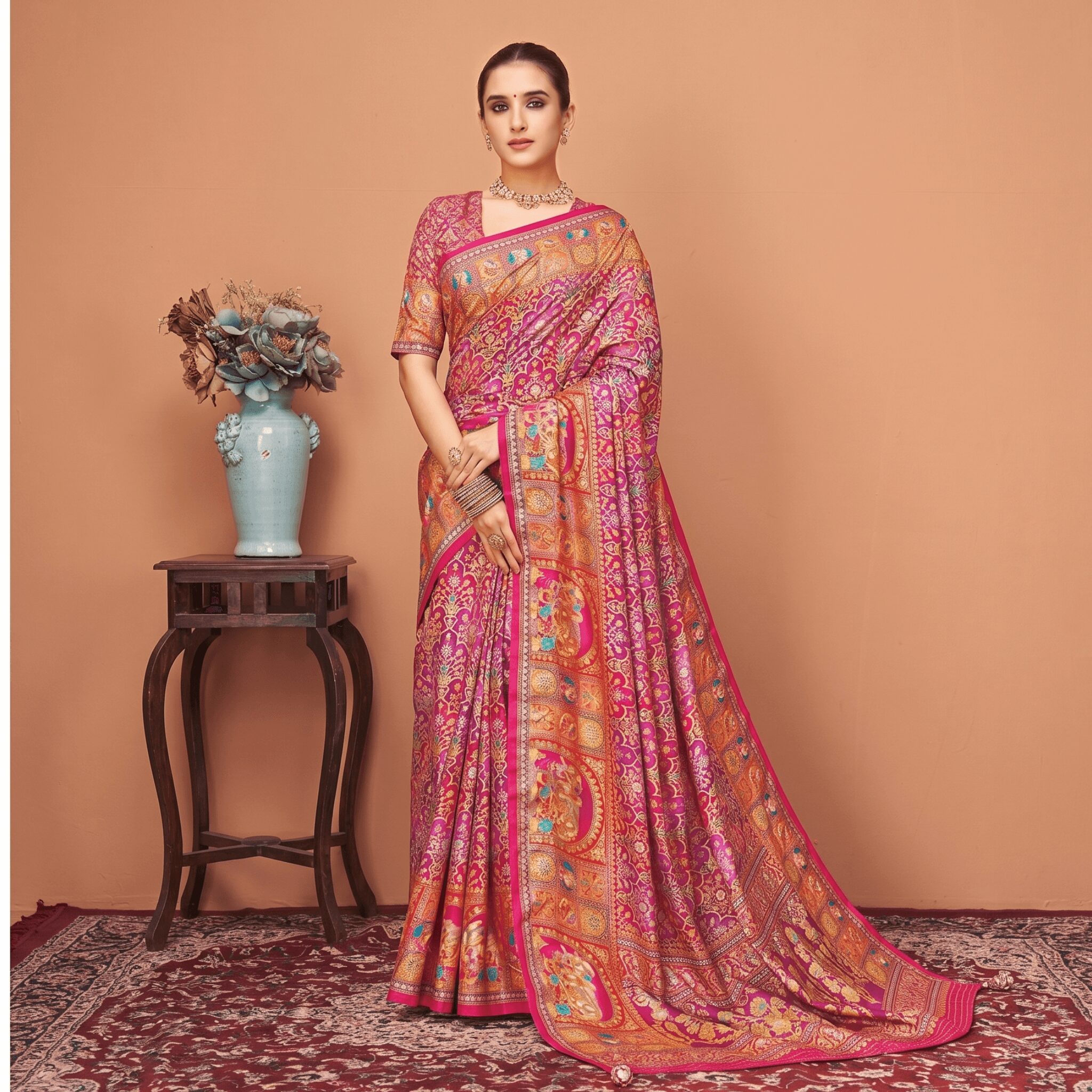 Viscose Banna-Banni Print Saree — Magenta & Purple — Shaadi — flat lay