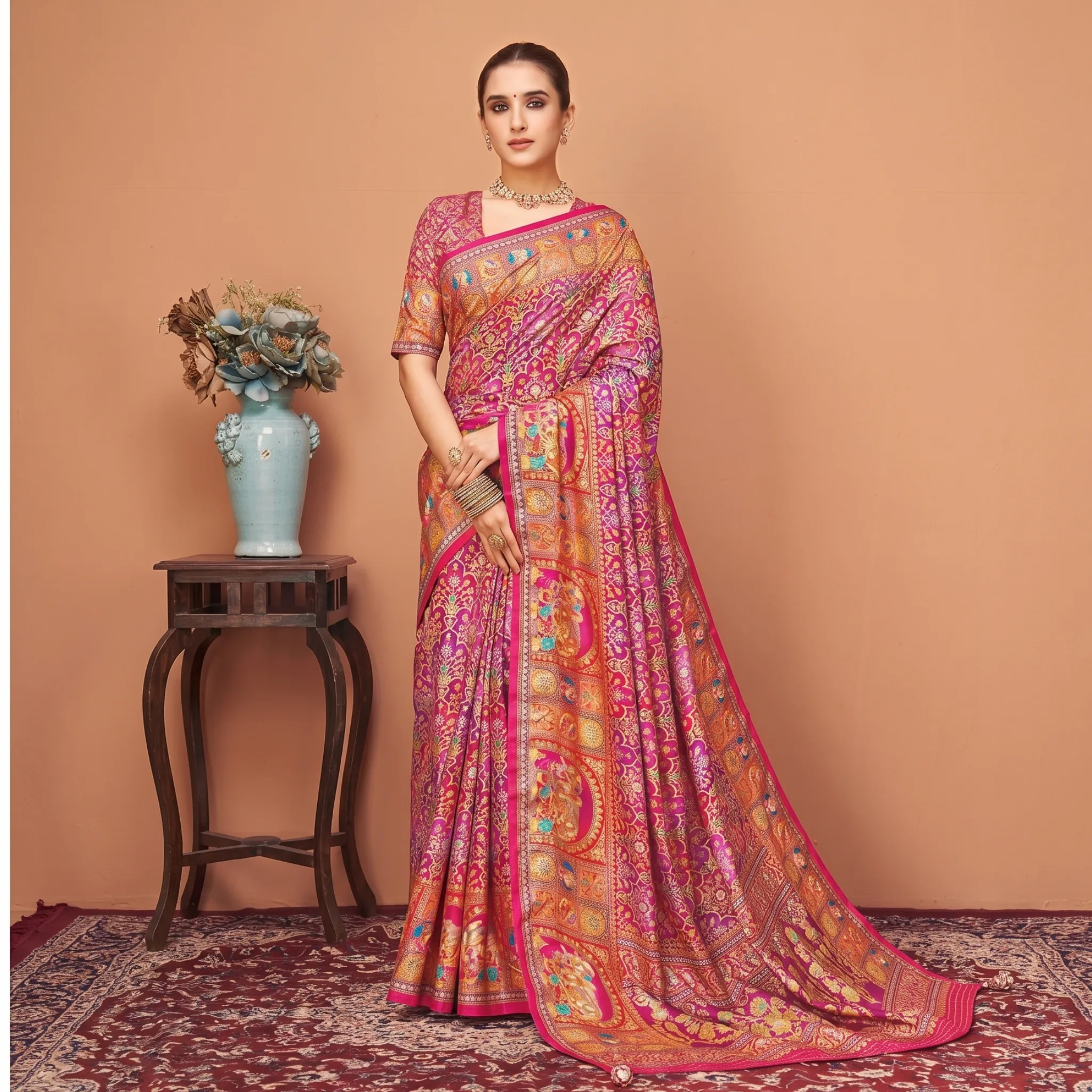 Viscose Banna-Banni Print Saree — Magenta & Purple — Shaadi — flat lay
