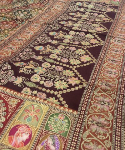 Viscose Banna-Banni Print Saree — Dark Brown & Chocolate Brown — full length view