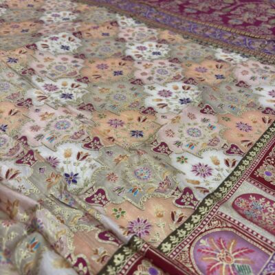 Viscose Banna-Banni Print Saree — Peach & Cream — drape view