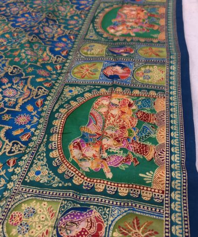 Viscose Banna-Banni Print Saree — Rama Green & Peacock Blue — border and pallu