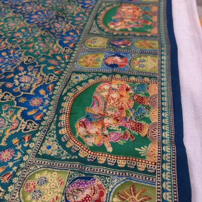 Viscose Banna-Banni Print Saree — Rama Green & Peacock Blue — border and pallu