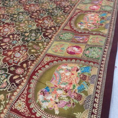 Viscose Banna-Banni Print Saree — Dark Brown & Chocolate Brown — drape view