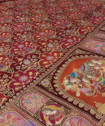 Viscose Banna-Banni Print Saree — Orange & Red — detail view