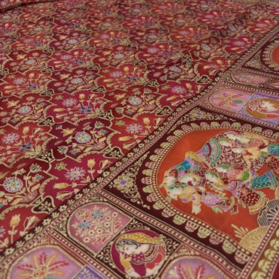 Viscose Banna-Banni Print Saree — Orange & Red — detail view