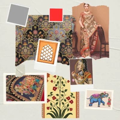 Viscose Banna-Banni Print Saree — Grey & Black — full length view