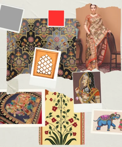 Viscose Banna-Banni Print Saree — Grey & Black — full length view
