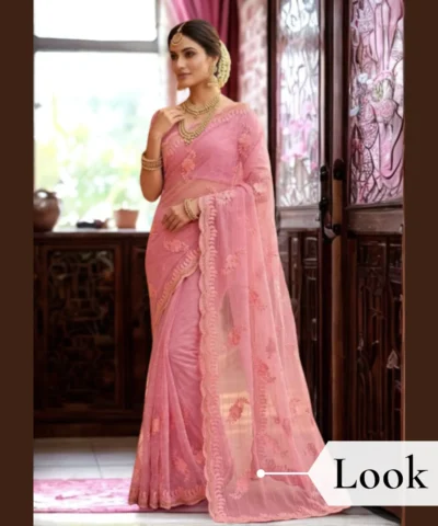 Viscose Chiffon Embroidered Saree — Purple — blouse piece detail