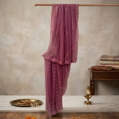 Viscose Chiffon Embroidered Saree — Purple — full length view
