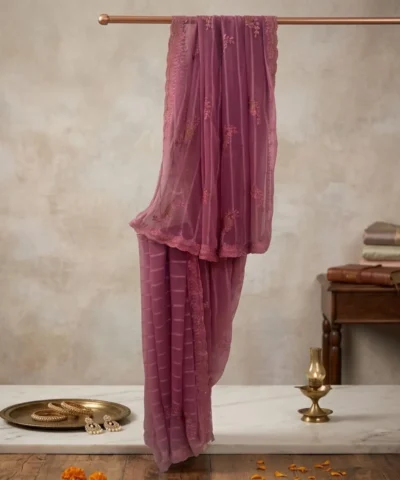 Viscose Chiffon Embroidered Saree — Purple — full length view