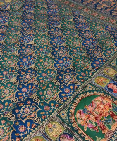 Viscose Banna-Banni Print Saree — Rama Green & Peacock Blue — detail view