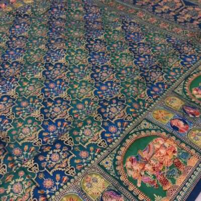 Viscose Banna-Banni Print Saree — Rama Green & Peacock Blue — detail view