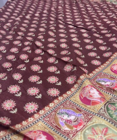 Viscose Banna-Banni Print Saree — Dark Brown & Chocolate Brown — detail view