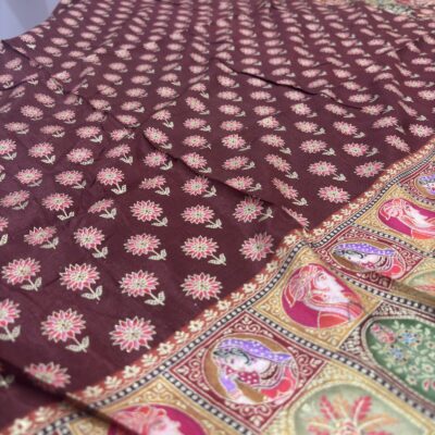 Viscose Banna-Banni Print Saree — Dark Brown & Chocolate Brown — detail view