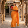 Handloom Plain Mulmul Saree — Orange — Aarambh — flat lay