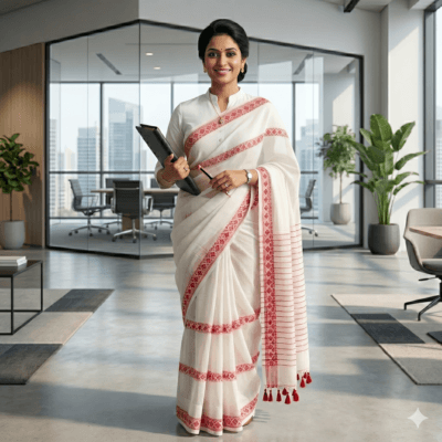 Handloom Bengal Cotton Jamdani Saree — White and Red — Daftar — flat lay