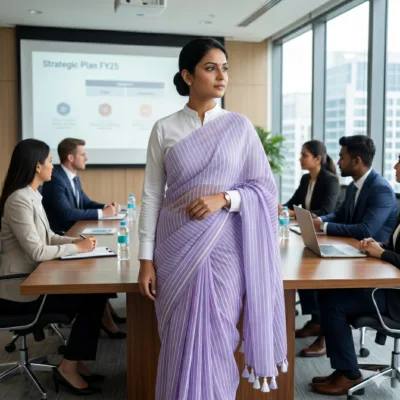 Handloom Mulmul Striped Saree — Lavender — Aarambh — flat lay