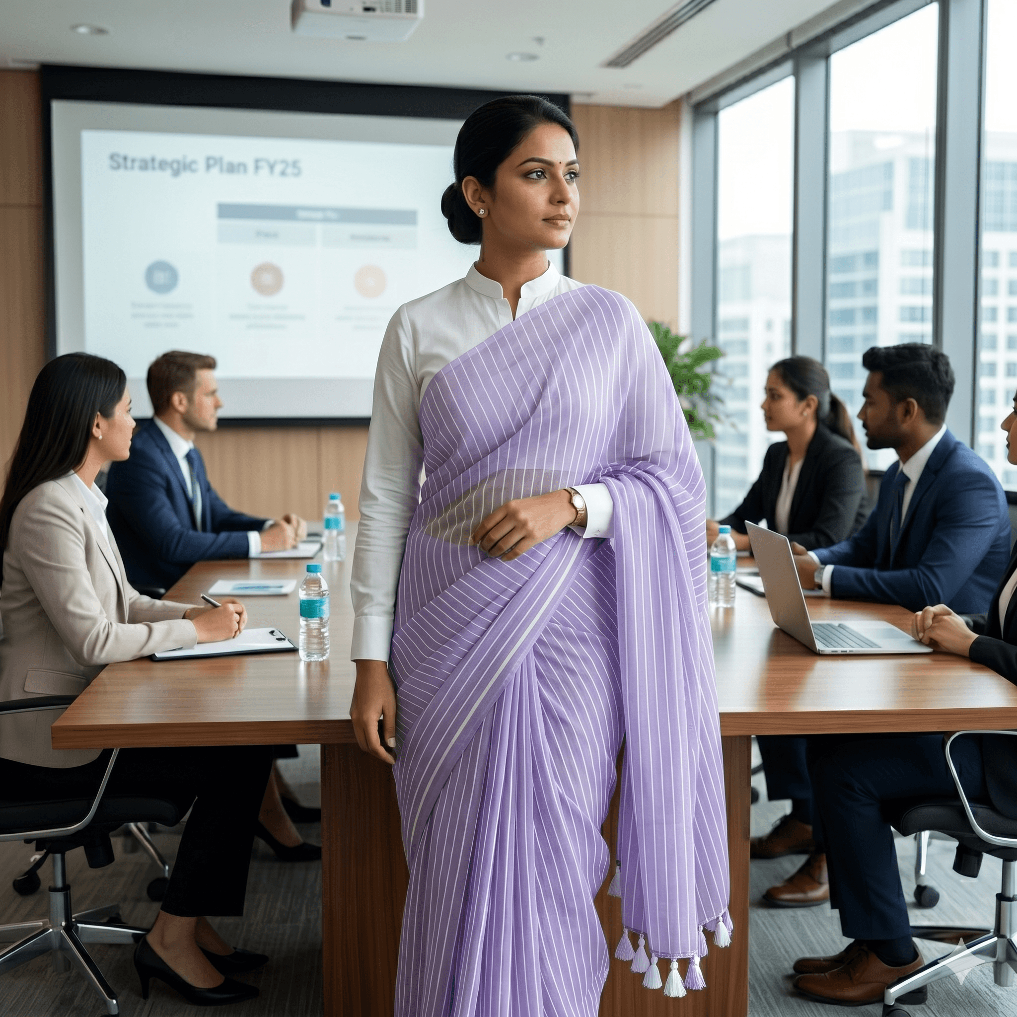 Handloom Mulmul Striped Saree — Lavender — Aarambh — flat lay