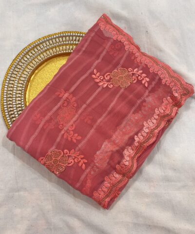Viscose Chiffon Embroidered Saree — Carrot Red