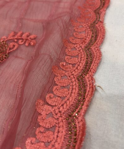 Viscose Chiffon Embroidered Saree — Carrot Red — detail view