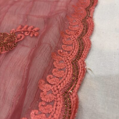 Viscose Chiffon Embroidered Saree — Carrot Red — detail view
