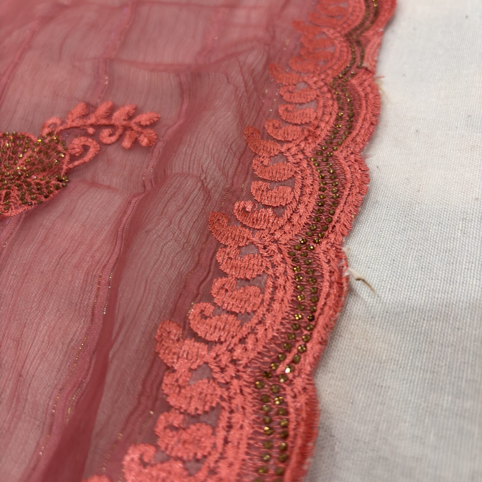Viscose Chiffon Embroidered Saree — Carrot Red — detail view