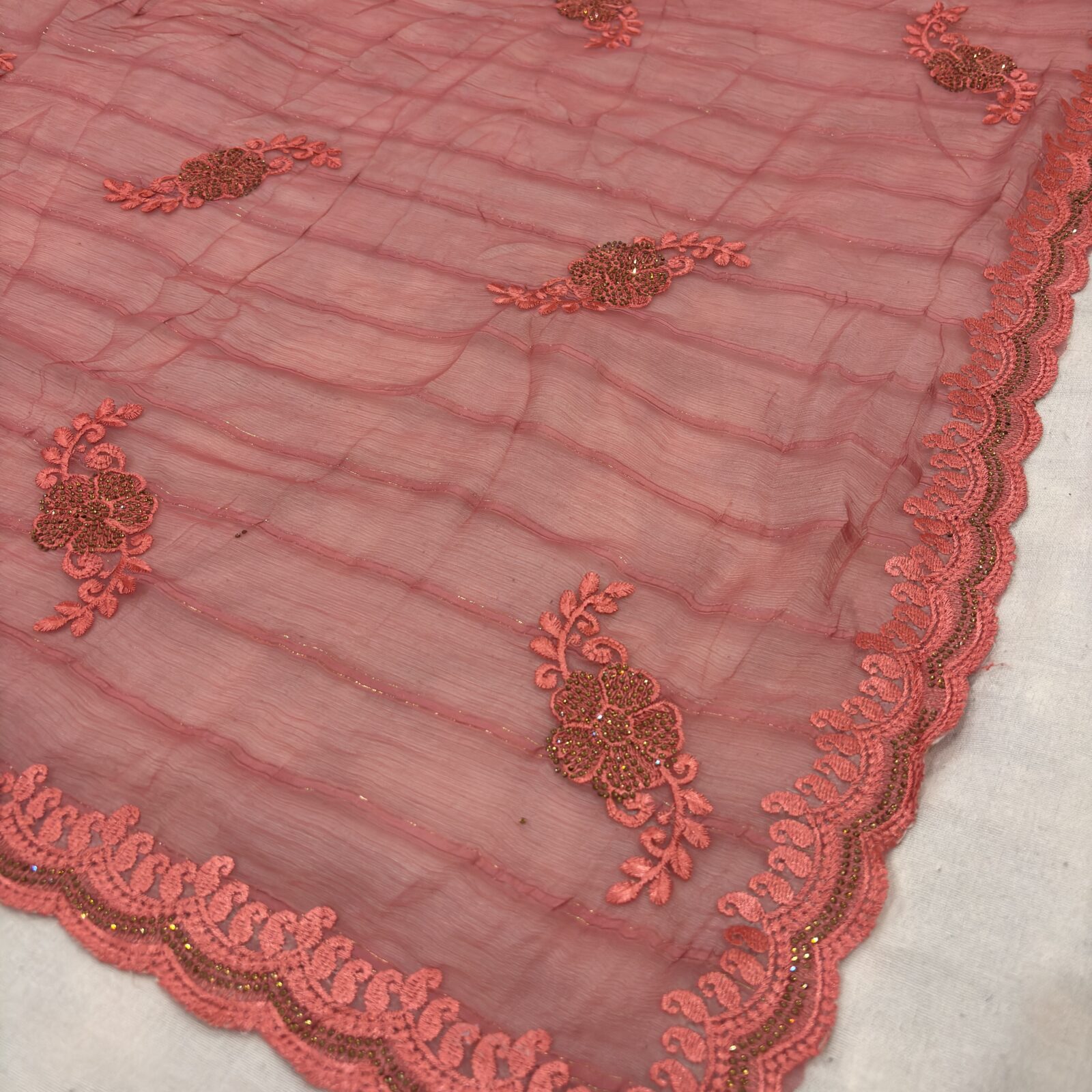 Viscose Chiffon Embroidered Saree — Carrot Red — full length view