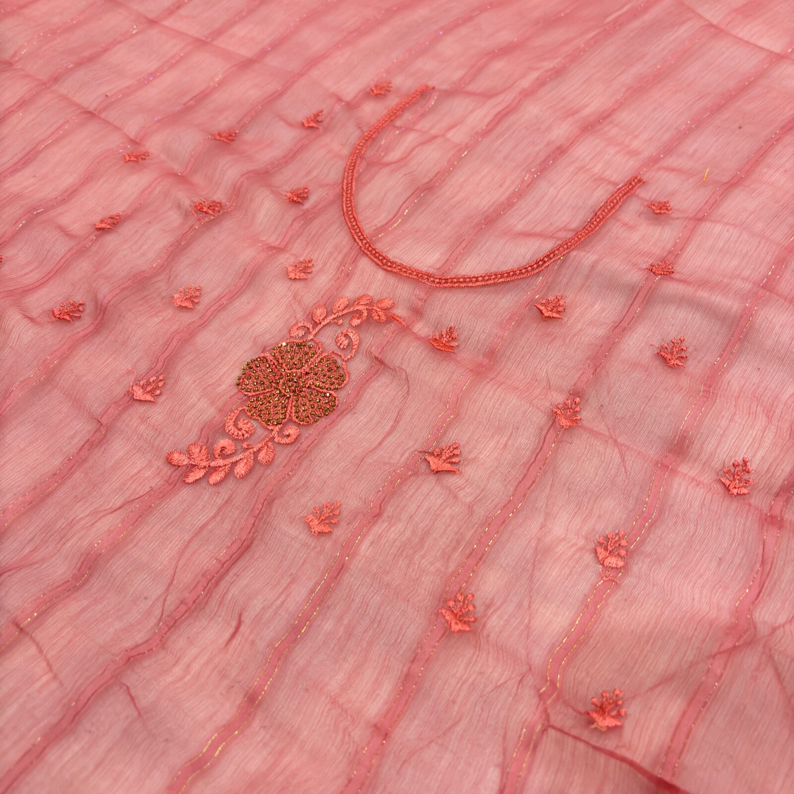 Viscose Chiffon Embroidered Saree — Carrot Red — border and pallu