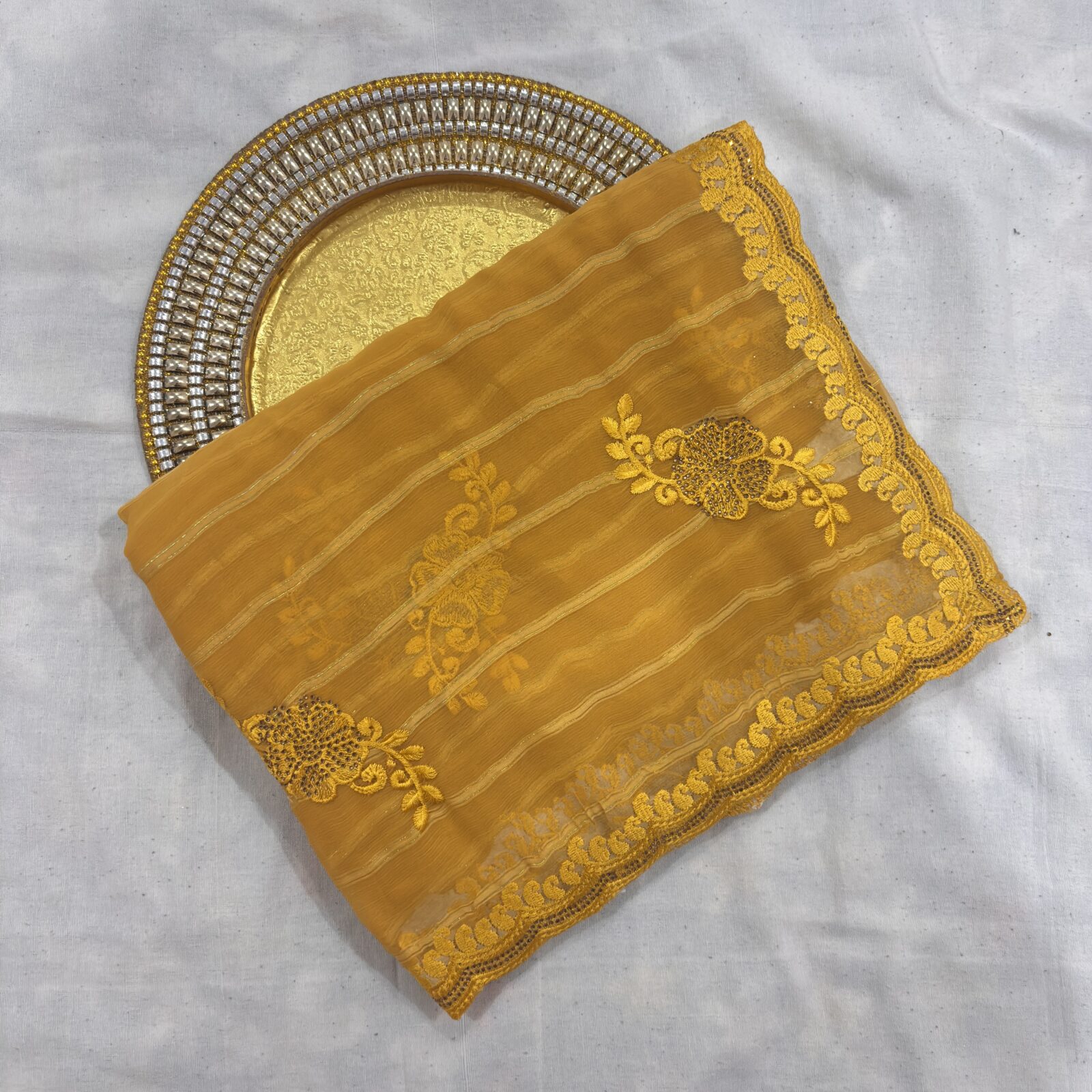 Viscose Chiffon Embroidered Saree — Mustard