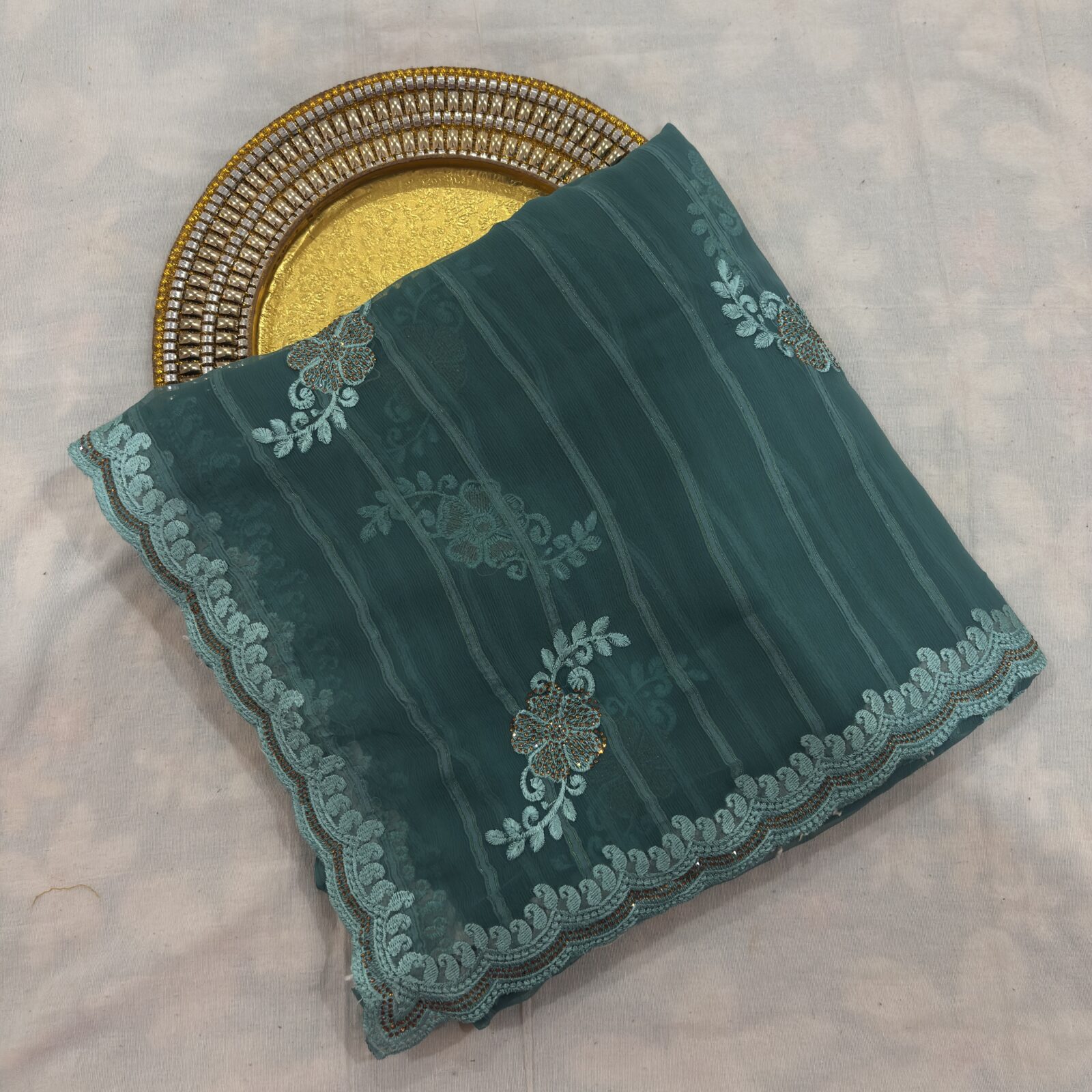 Viscose Chiffon Embroidered Saree — Rama Green