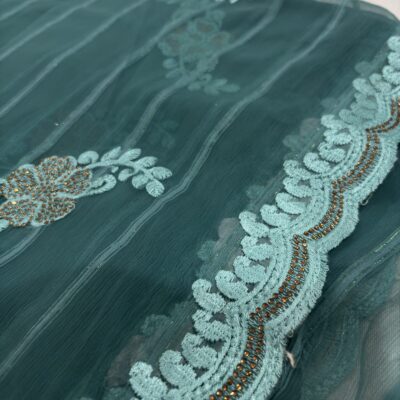 Viscose Chiffon Embroidered Saree — Rama Green — border and pallu