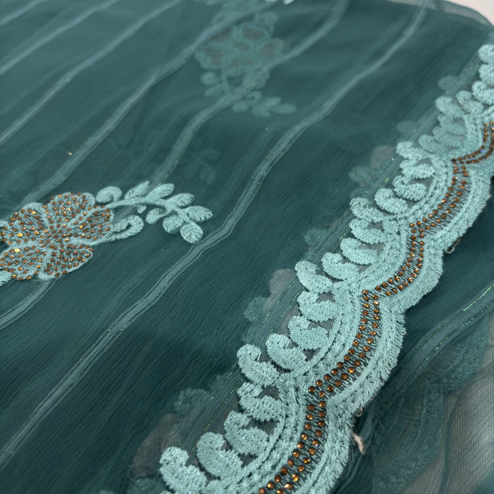 Viscose Chiffon Embroidered Saree — Rama Green — border and pallu