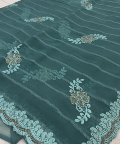 Viscose Chiffon Embroidered Saree — Rama Green — drape view