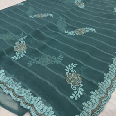 Viscose Chiffon Embroidered Saree — Rama Green — drape view