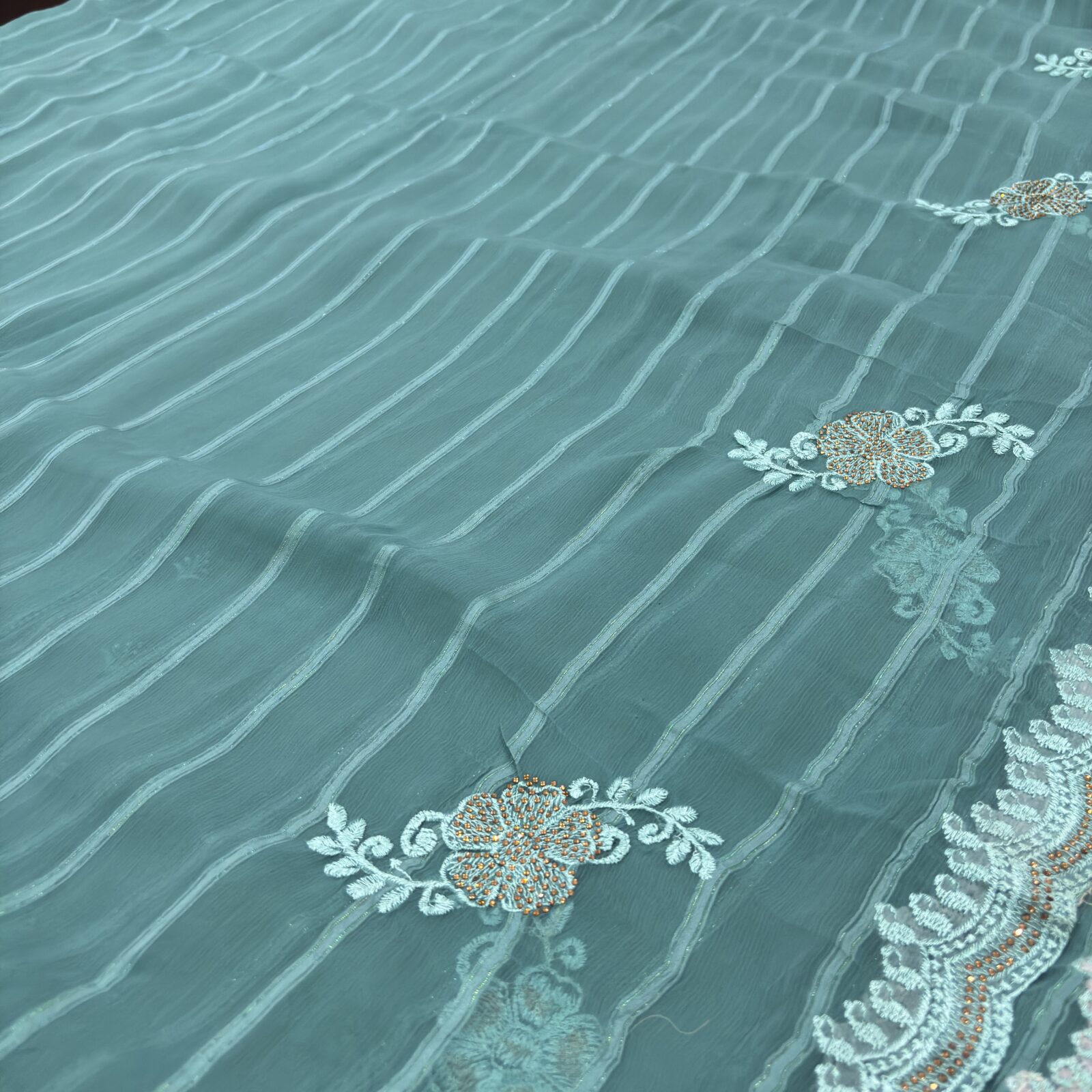 Viscose Chiffon Embroidered Saree — Rama Green — detail view
