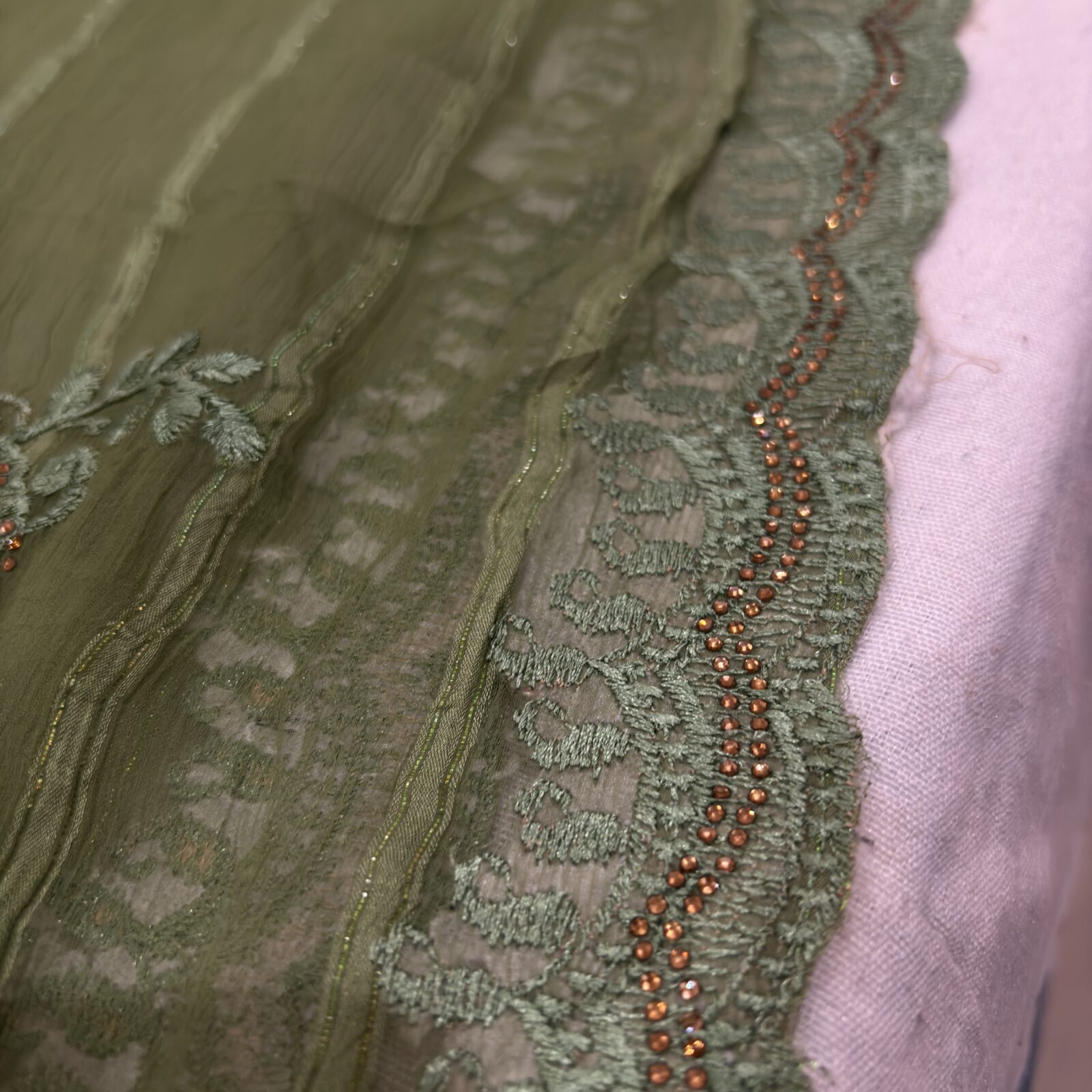 Viscose Chiffon Embroidered Saree — Mehandi Green — border and pallu