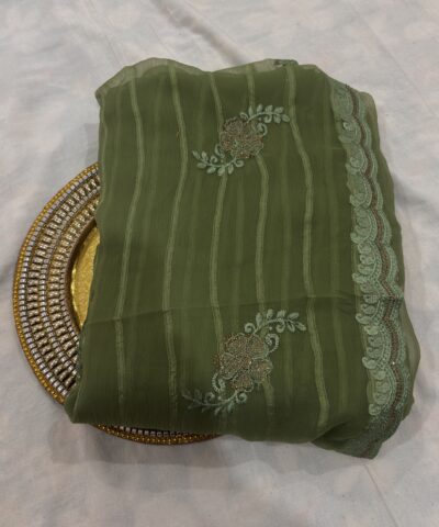 Viscose Chiffon Embroidered Saree — Mehandi Green