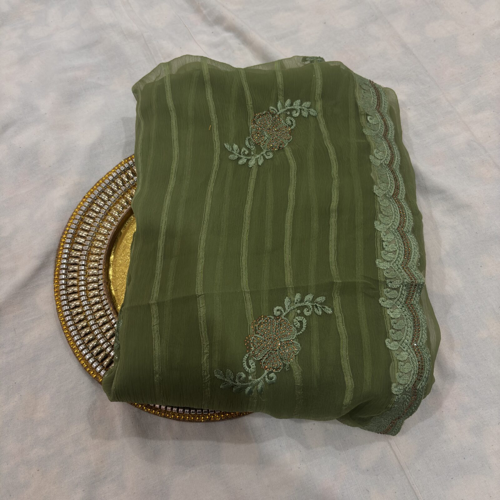 Viscose Chiffon Embroidered Saree — Mehandi Green