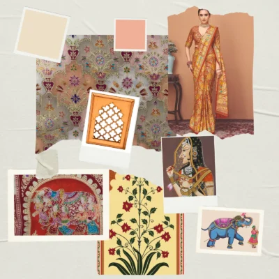 Viscose Banna-Banni Print Saree — Peach & Cream — texture close-up