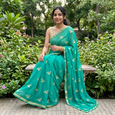 Viscose Georgette Hans Embroidered Saree — Rama Green