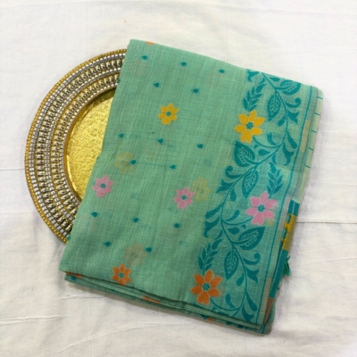 Cotton Jamdani Woven Saree — Mint Green — Tyohar — draped, standing